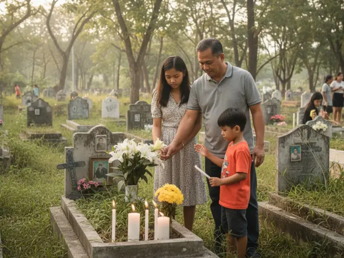 Filipino families lighting candles at the cemetery during Undas.