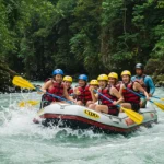 Tourists whitewater rafting through the rapids of Cagayan de Oro River in the Philippines.