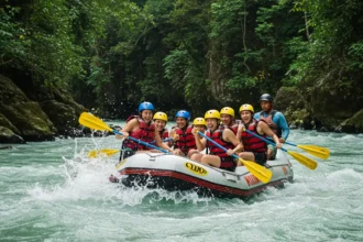 Tourists whitewater rafting through the rapids of Cagayan de Oro River in the Philippines.