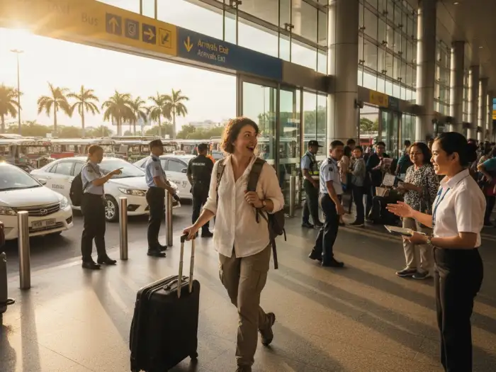 Foreign traveler exiting Manila airport with taxis and jeepneys in the background.