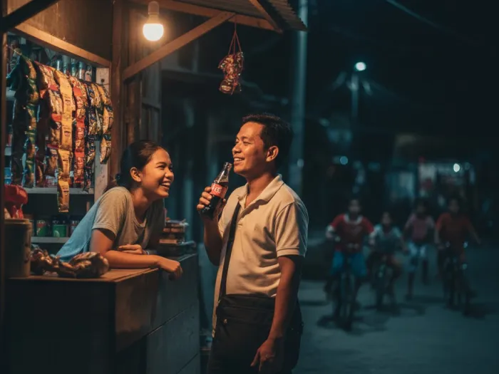 Filipino worker taking a break outside a sari-sari store before starting his side job.