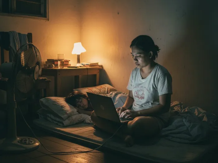 Filipina mother doing part-time online work at night beside her sleeping child.