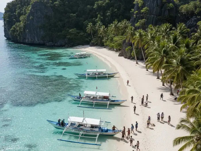 Aerial view of a Philippine island with cliffs, boats, and clear turquoise water.
