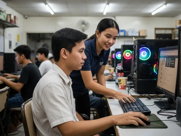 Filipino worker comparing different online job options inside a computer shop.