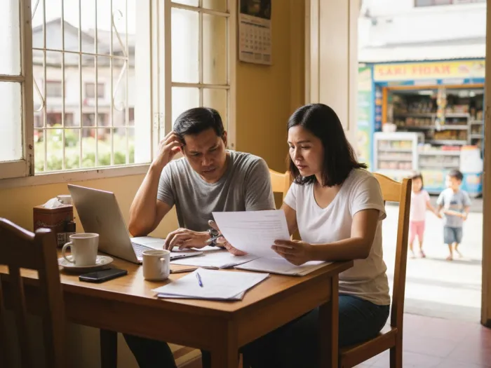 Filipino couple reviewing the cost of life insurance premiums in the Philippines.