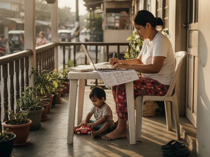 Filipina designing a digital product while working on sketches at home.