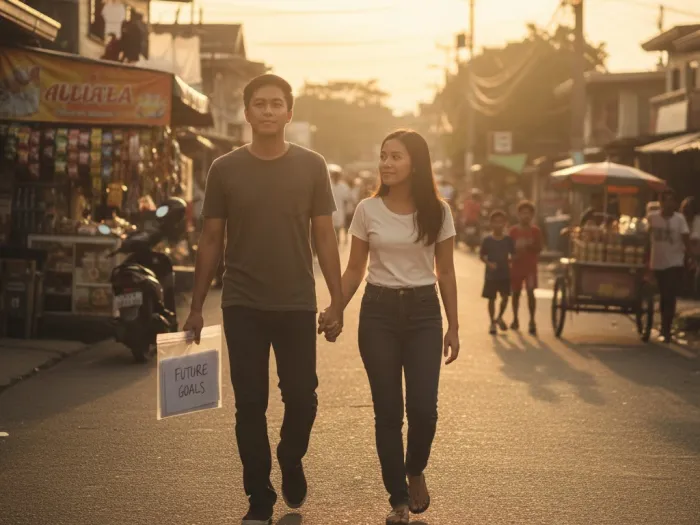 Filipino couple walking home peacefully after securing an emergency fund.