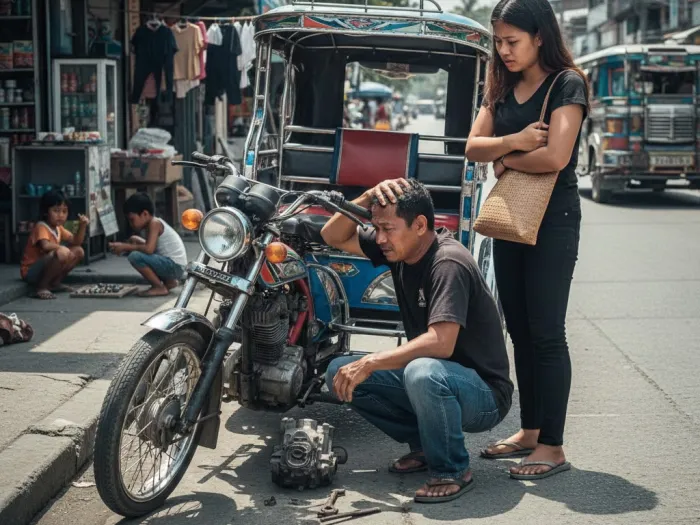 Filipino tricycle driver dealing with a sudden breakdown, showing why emergency funds matter.