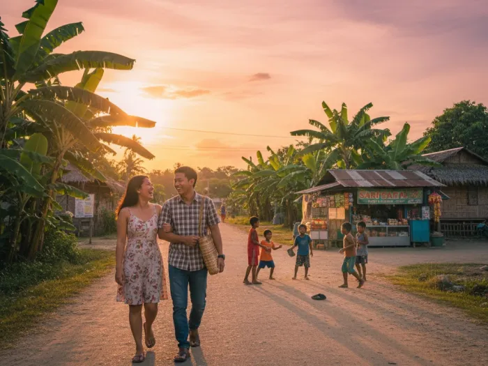 Filipino couple walking along a provincial road at sunset, sharing a peaceful moment.