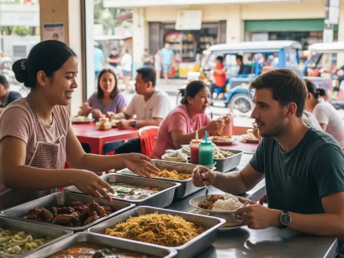 Local Filipino carinderia serving dishes to a traveler experiencing authentic Pinoy food.