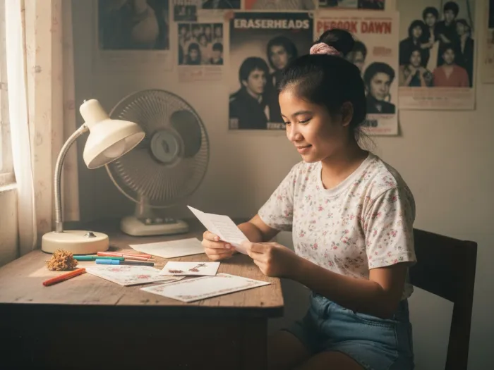 Filipina reading a handwritten love letter on a wooden desk in a nostalgic bedroom.