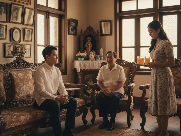 Filipino suitor facing a woman’s parents during traditional panliligaw.