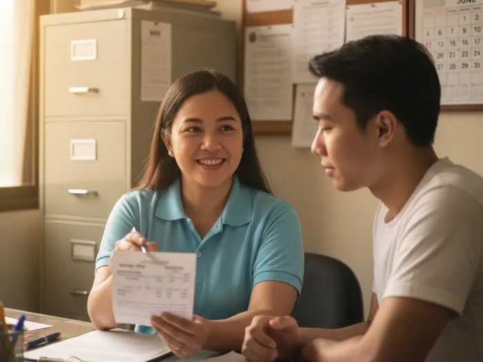 HR staff explaining the basic parts of a Filipino payslip to an employee.