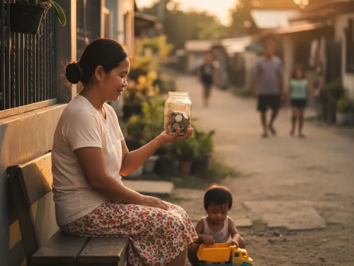 Filipina mother saving slowly through Pag-IBIG MP2 and Regular Savings.