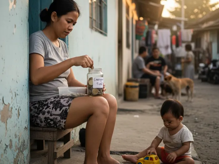 Filipina mother starting her emergency fund using small amounts saved at home.