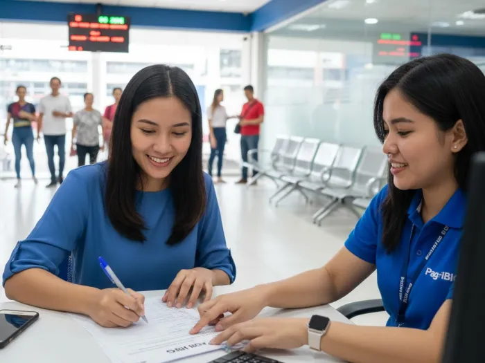 Filipina getting assistance at a Pag-IBIG branch to start MP2 or Regular Savings.