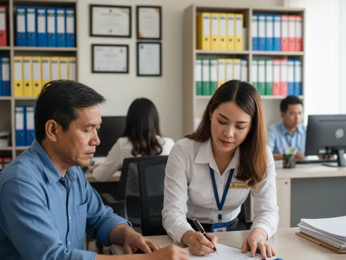 Filipina insurance staff assisting a claimant during the life insurance claims process in the Philippines.