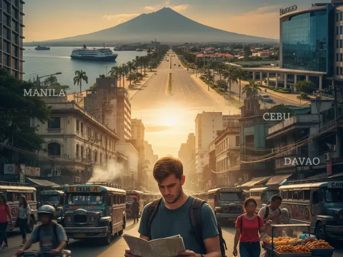 Street-level travel guide scene showing Manila, Cebu, and Davao environments for travelers choosing where to start.