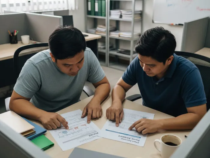 Filipino coworkers comparing Pag-IBIG MP2 and Regular Savings documents.