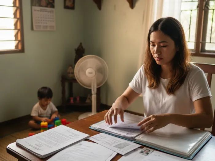 Filipina preparing requirements for the Philippine National ID PhilSys registration at home.