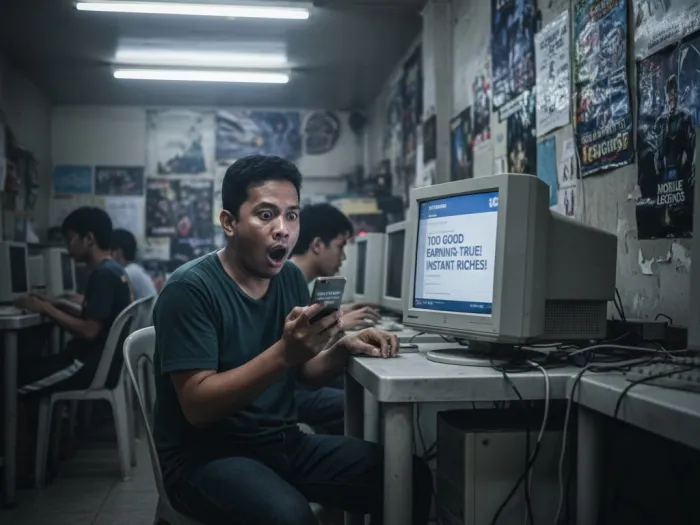 Filipino man spotting an online job scam message inside an internet café.
