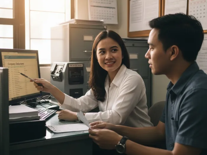 HR officer explaining common payslip deductions in the Philippines like loans or penalties.