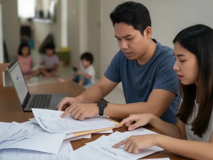 Filipino struggling with common Pag-IBIG housing loan mistakes and missing requirements at home.