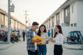 Filipino couple outside their new home reviewing their Pag-IBIG housing loan approval.