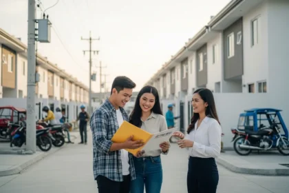 Filipino couple outside their new home reviewing their Pag-IBIG housing loan approval.