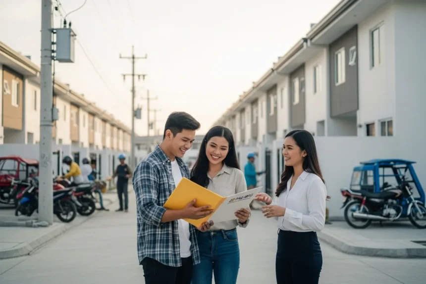 Filipino couple outside their new home reviewing their Pag-IBIG housing loan approval.