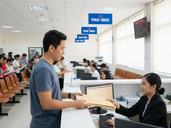 Filipino submitting a step-by-step Pag-IBIG housing loan application at a Pag-IBIG branch.