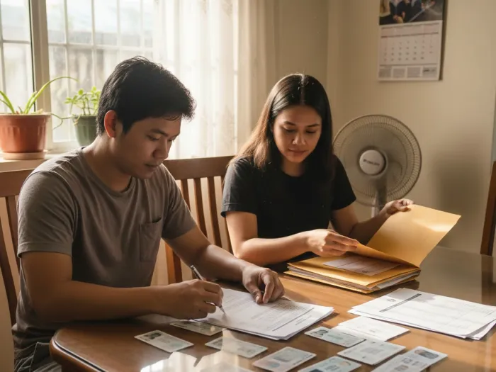 Filipino preparing complete Pag-IBIG housing loan requirements at home.
