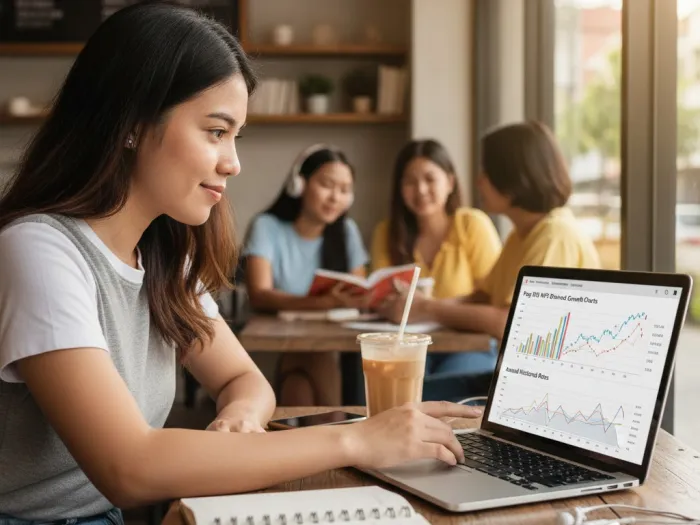 Young Filipina reviewing Pag-IBIG MP2 dividend growth charts in a café.