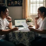 Filipino couple reviewing Pag-IBIG MP2 and Regular Savings options at home.
