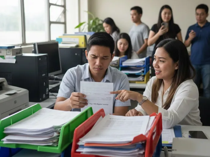 Filipino employee learning about Pag-IBIG Regular Savings contributions in an office.