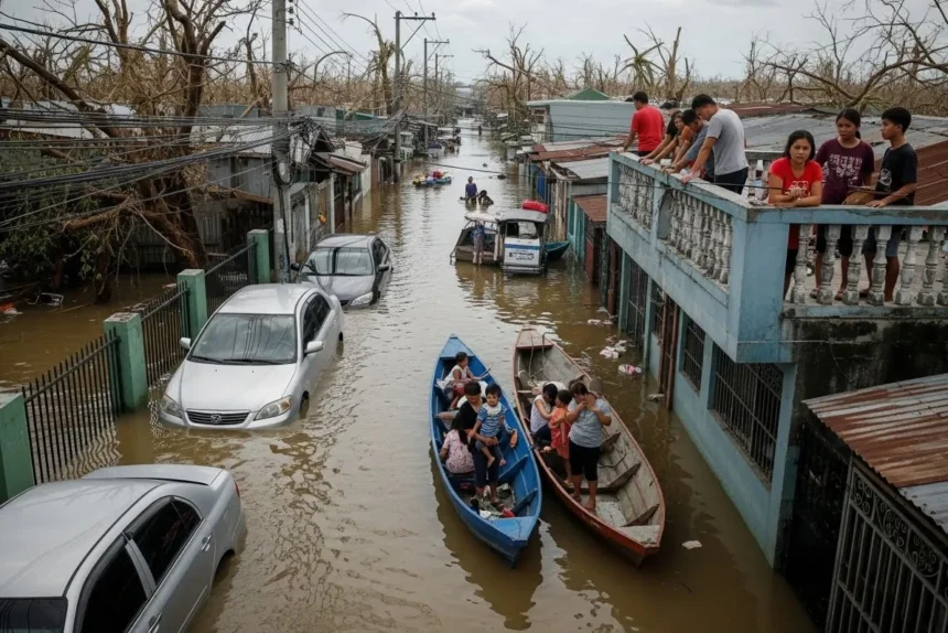 Drone view of typhoon aftermath showing flooded Philippine streets and affected families.