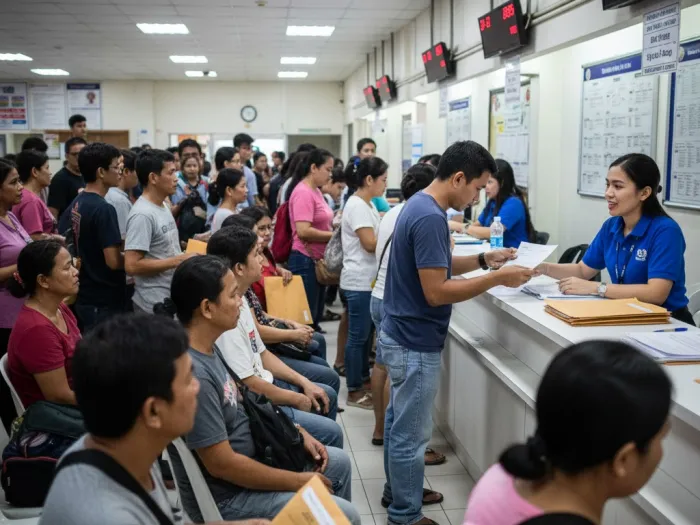 Filipinos lining up inside a Pag-IBIG branch to apply for MPL or Calamity Loans.