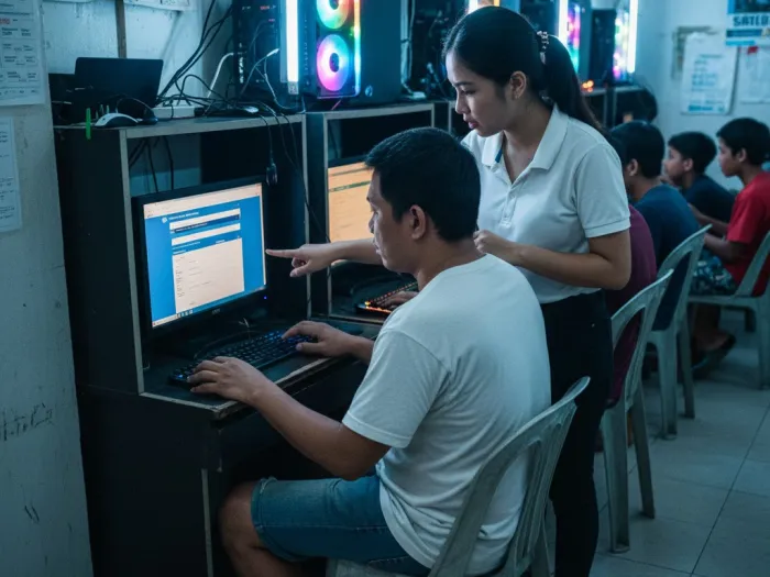 Filipino worker using a computer shop PC to compute Pag-IBIG MPL and Calamity Loan amounts.