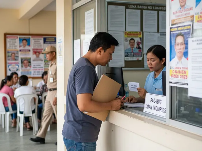Filipino asking a barangay staff member about eligibility for Pag-IBIG Calamity or MPL loans.
