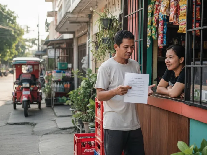 Filipino neighbors discussing Pag-IBIG loan terms outside a sari-sari store.