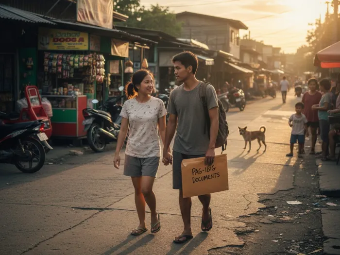 Filipino couple walking home with Pag-IBIG loan documents along a modest barangay street.