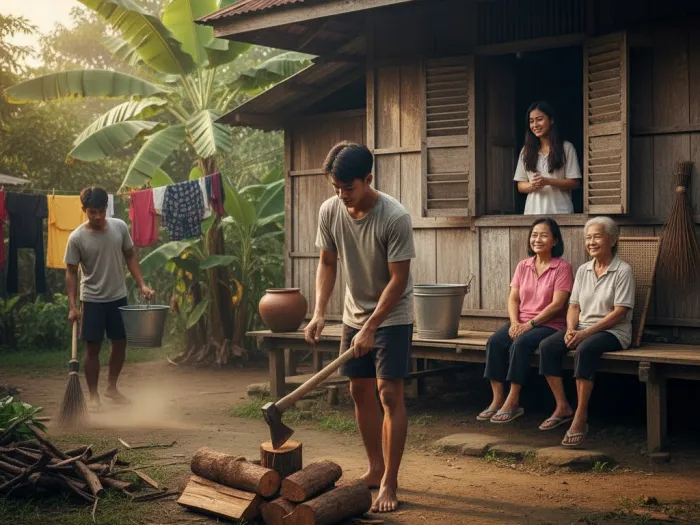 Young man helping with chores as part of the Filipino paninilbihan tradition.