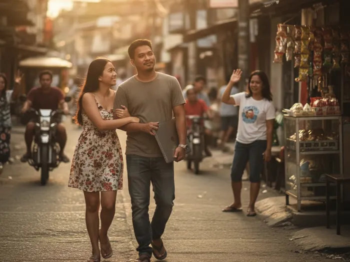 Filipino couple walking home happily after earning extra income from a part-time online job.