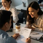 Filipino employees reviewing payslip deductions for SSS, PhilHealth, Pag-IBIG, and tax.