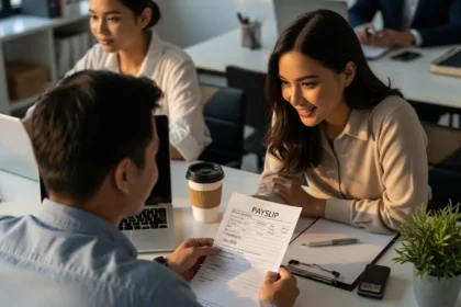 Filipino employees reviewing payslip deductions for SSS, PhilHealth, Pag-IBIG, and tax.
