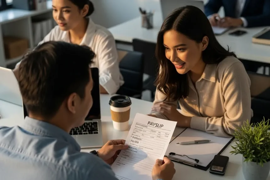 Filipino employees reviewing payslip deductions for SSS, PhilHealth, Pag-IBIG, and tax.