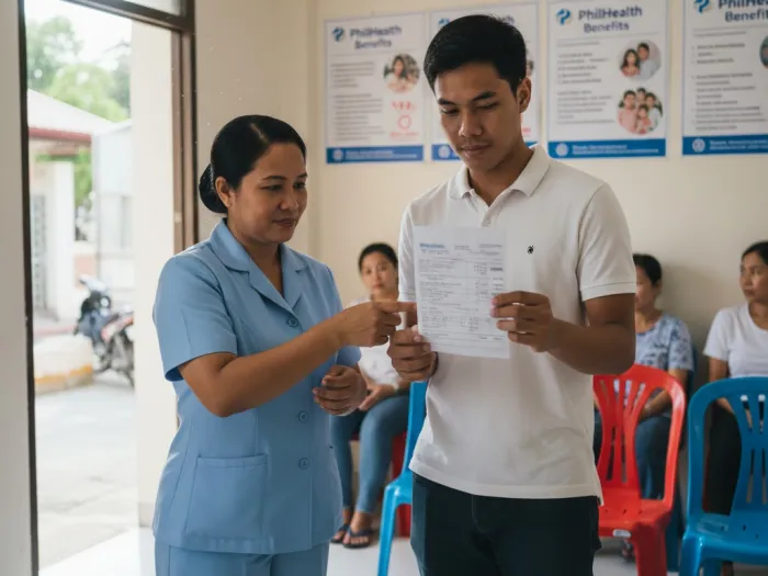 Filipina nurse explaining PhilHealth contributions and deductions to an employee.