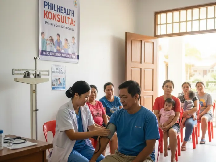 PhilHealth Konsulta nurse performing a basic health check on a Filipino patient.