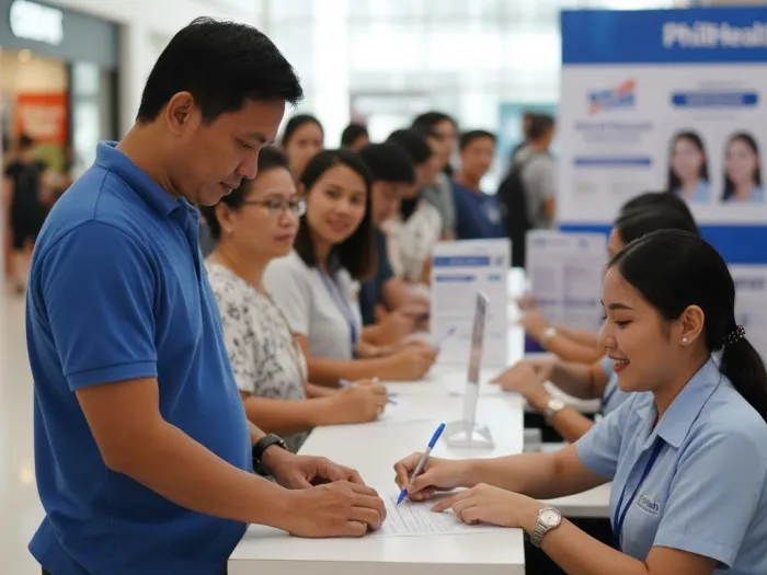 Filipino enrolling in PhilHealth Konsulta at a PhilHealth service counter.