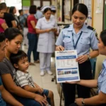 Filipino family learning about PhilHealth Konsulta and Z Benefits at a health center.